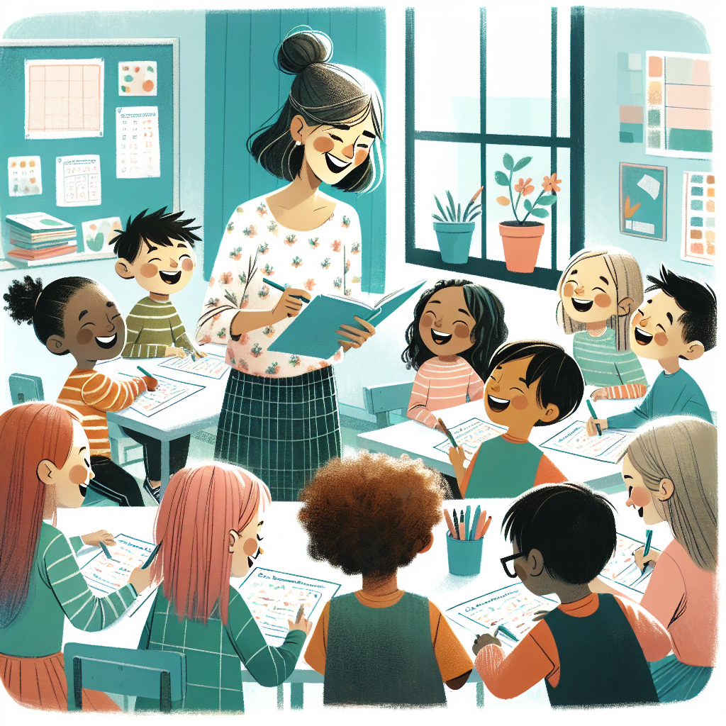 Teacher engaging children in a group activity with worksheets.
