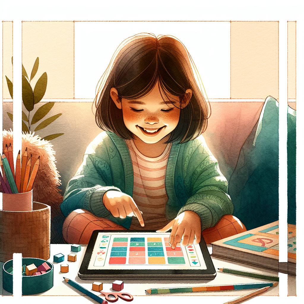 Child using a tablet for interactive digital worksheets at home.