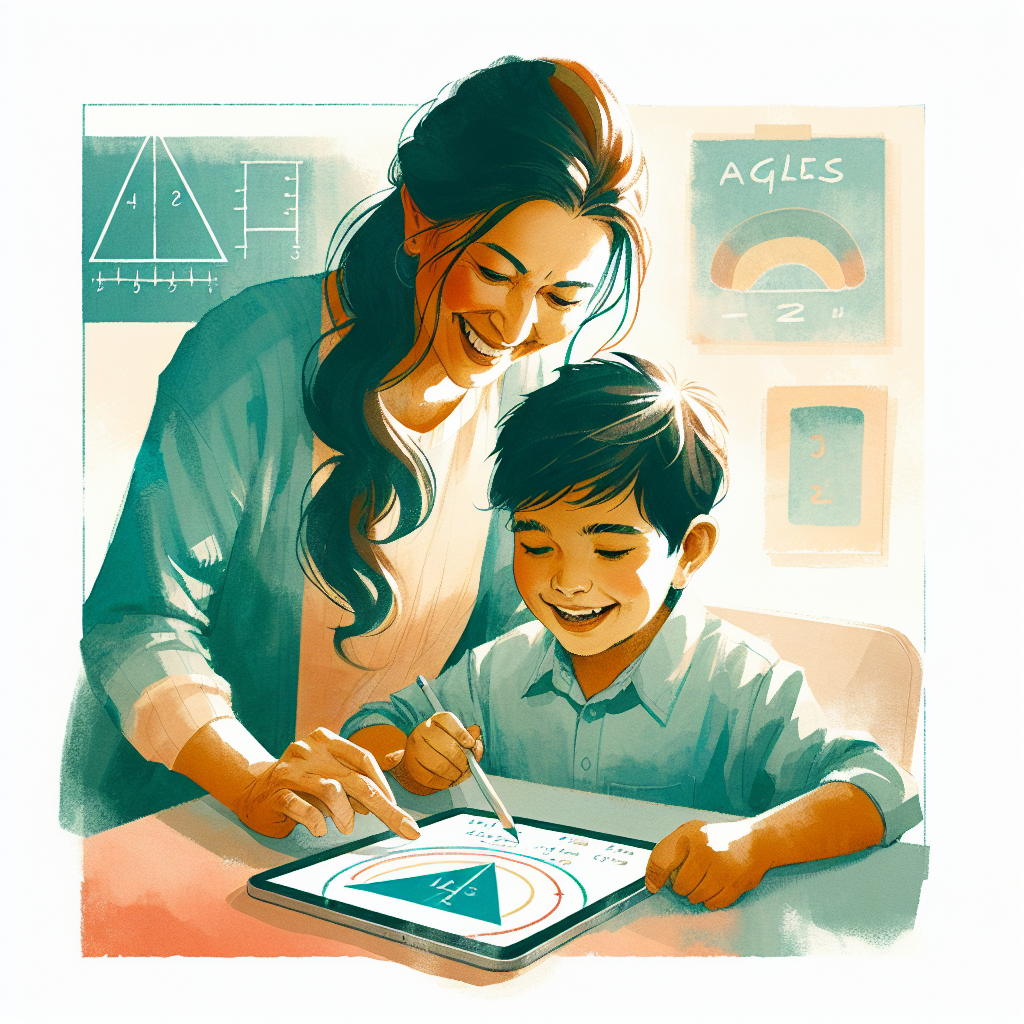 Teacher helping child with angles worksheet on a tablet.
