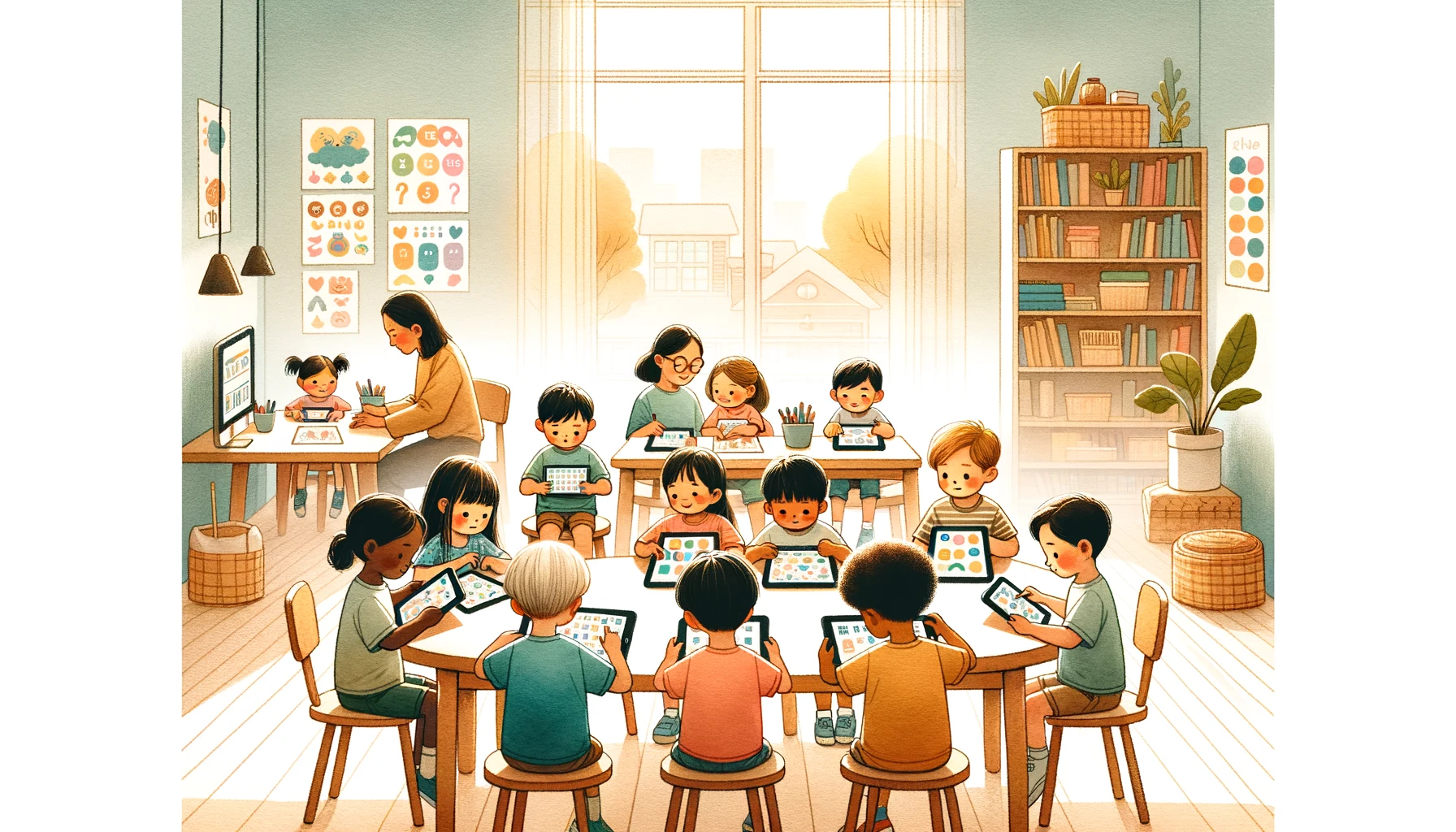 Kindergarten children using AI study planner at home with tablets and worksheets