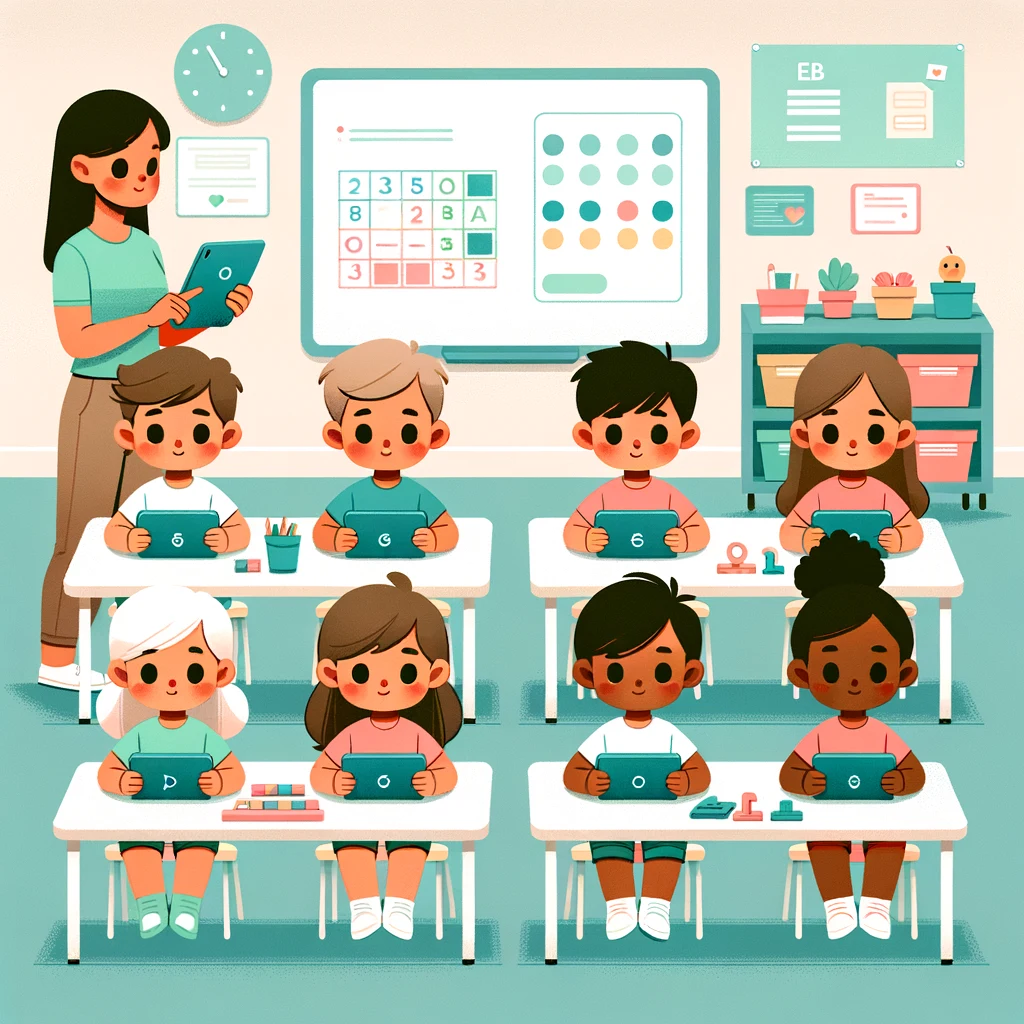 First-grade students using AI interactive worksheets for math in a classroom