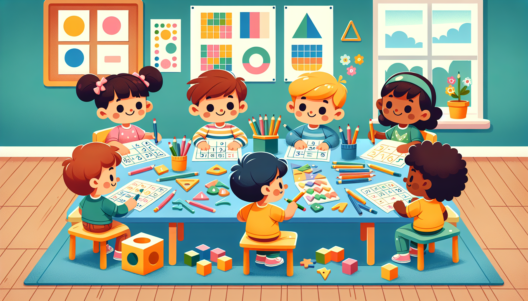 Diverse kindergarten children aged 5-6 using counting blocks and number cards in a bright classroom