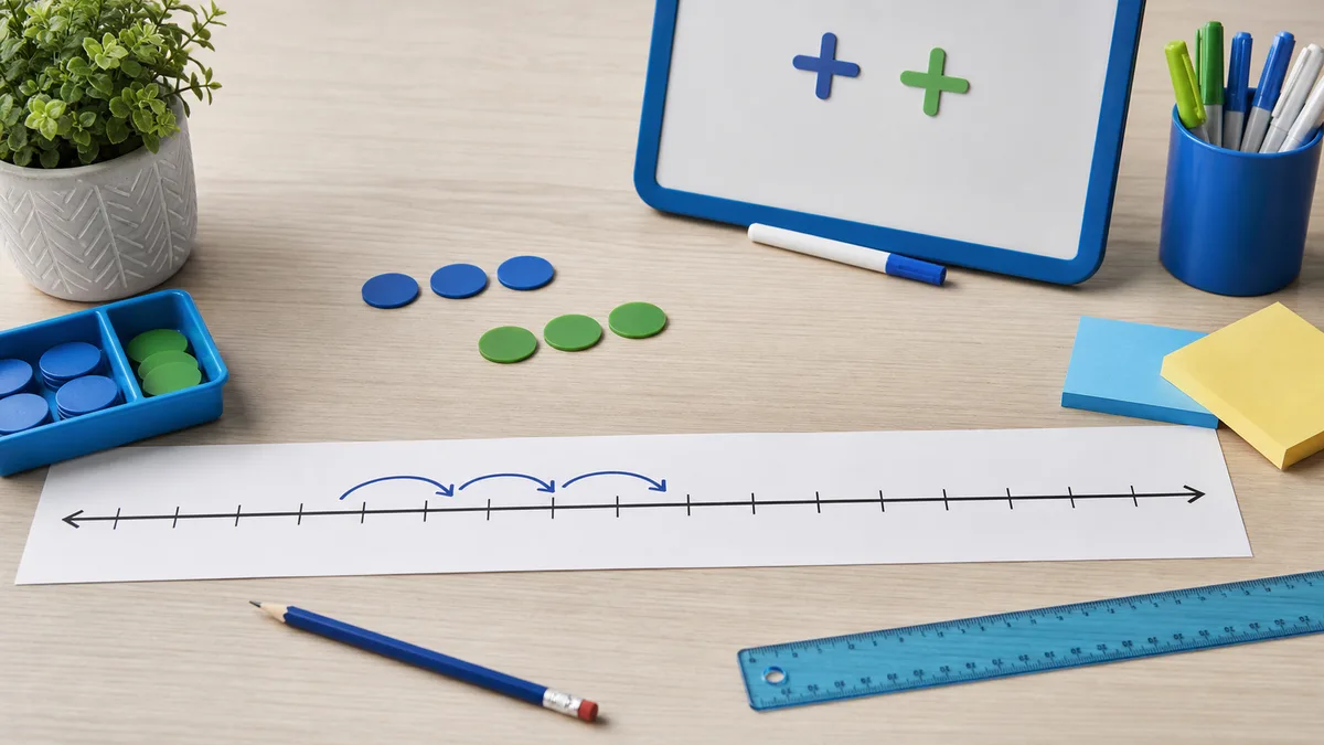 Neutral classroom desk with blank number-line strips, forward arrow markers, counters, ruler, pencils, and sticky notes