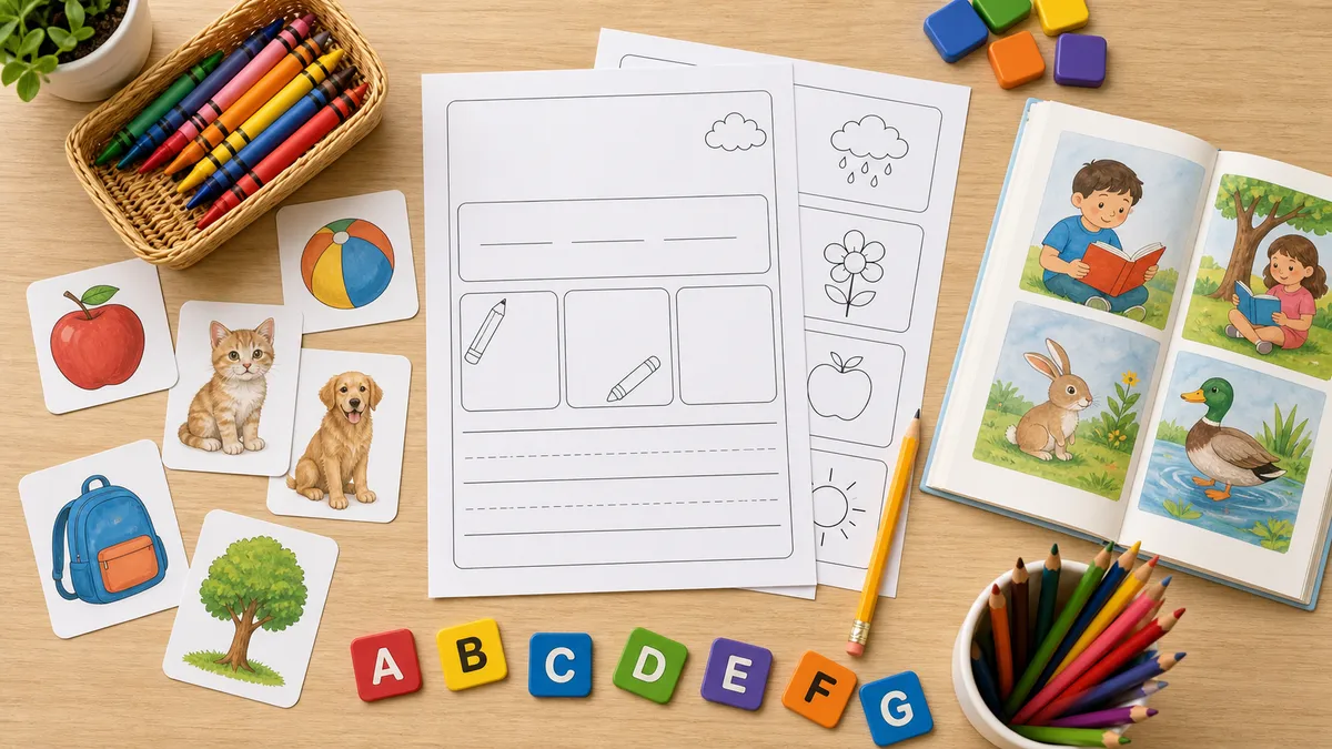 Grade 2 addition regrouping practice with base-ten blocks, ten-frame cards, pencil, and worksheet columns