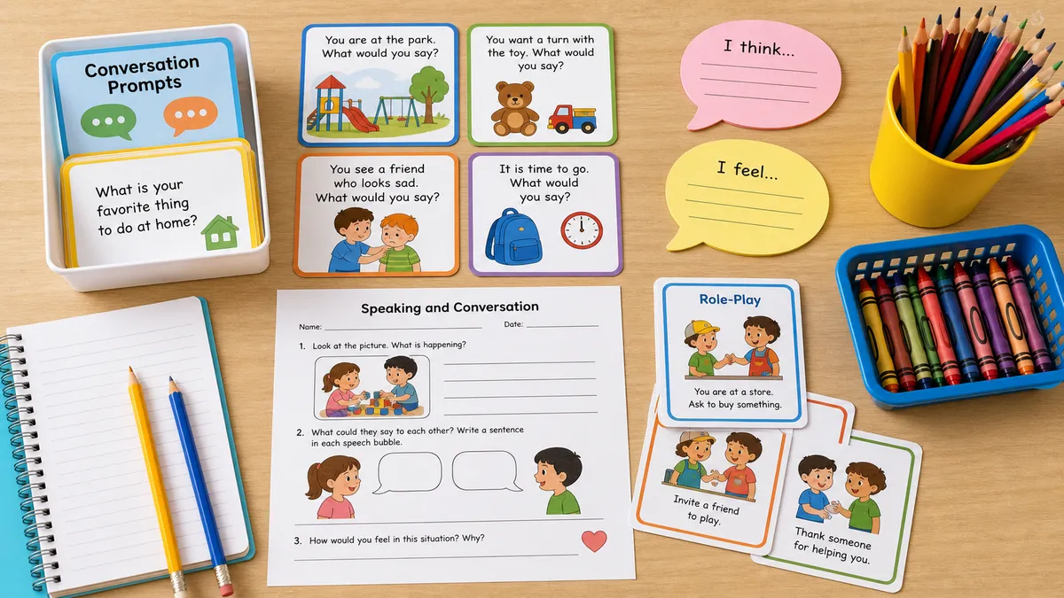 Class 1 addition story sums worksheet with counters, ten frame, and pencil