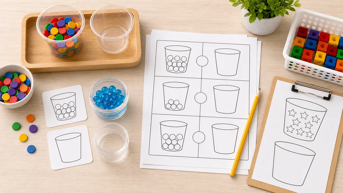 Class 1 addition worksheet with ten frames, number line, counters, and simple sums