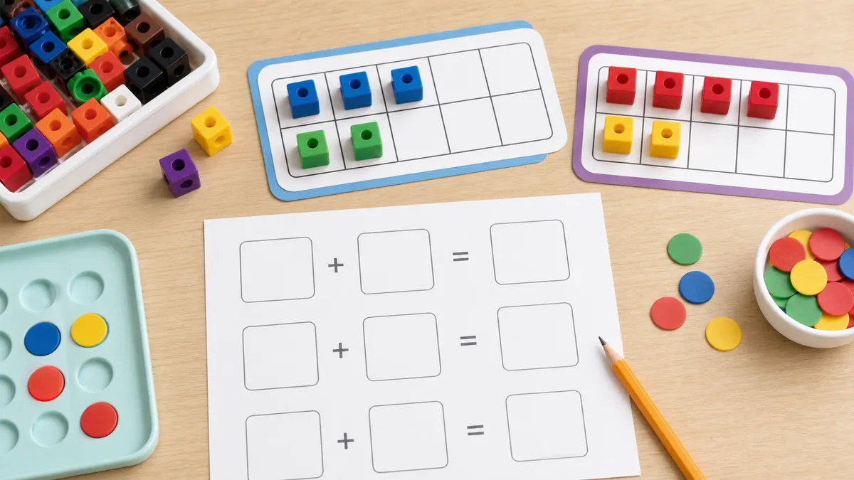 Grade 1 addition practice with counters, blank ten-frame cards, pencil, and worksheet