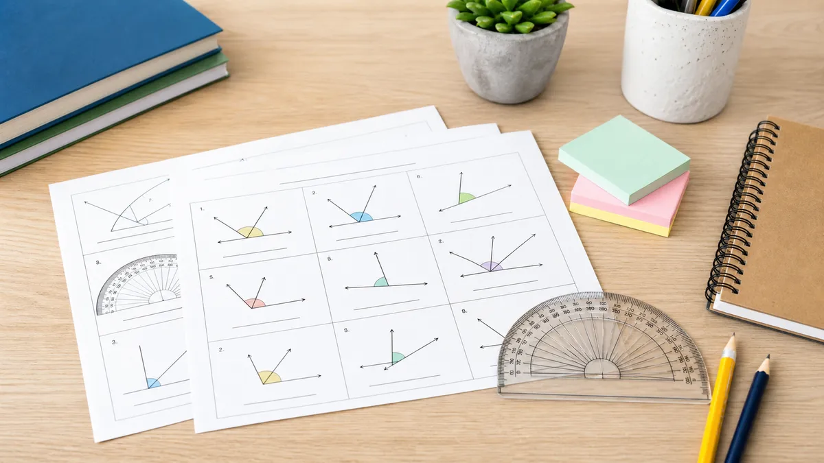 Neutral tabletop with grade 4 angle worksheets, protractor, pencils, notebook, and sticky notes