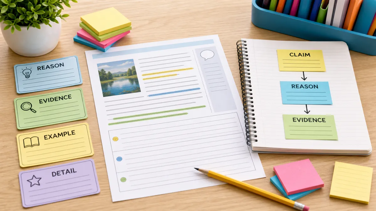 Neutral desk with author reasons cards, claim and evidence notes, reading passage, notebook, and pencil