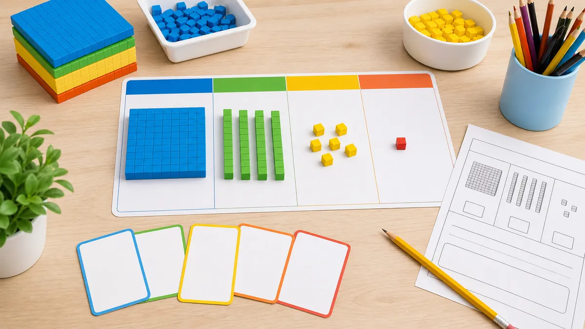 Base-ten blocks, blank number cards, pencils, and a place-value worksheet for Grade 2 math