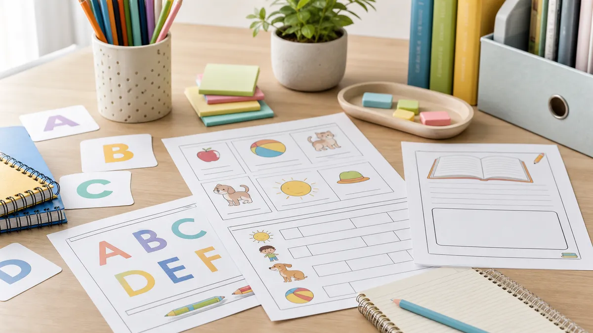 Neutral tabletop with early English worksheets, alphabet cards, sentence strips, pencils, and notebook