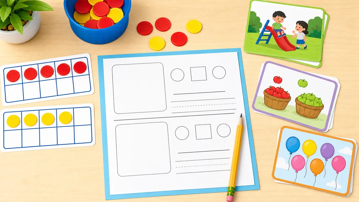 First grade addition word-problem practice with counters, ten-frame cards, pencil, and worksheet