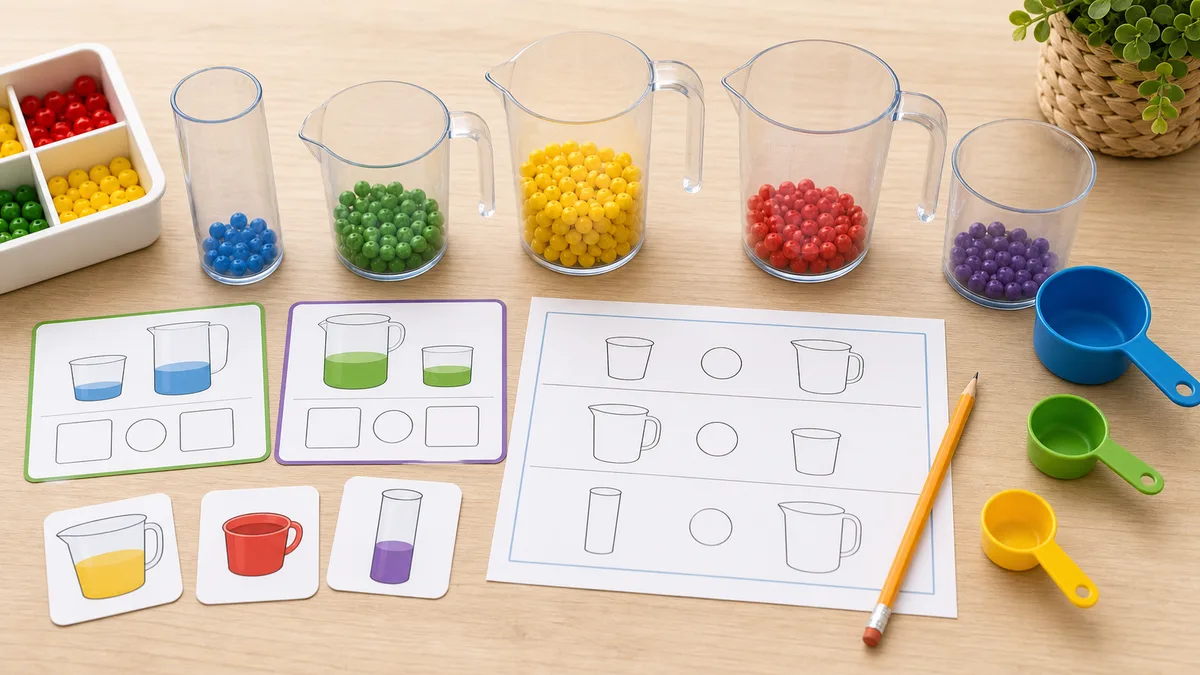 Neutral classroom table with transparent containers at different fill levels and blank comparison worksheet boxes