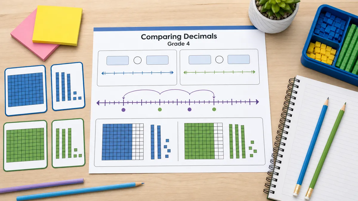 Neutral tabletop with decimal comparison worksheet, number line, base-ten grids, pencils, and notebook