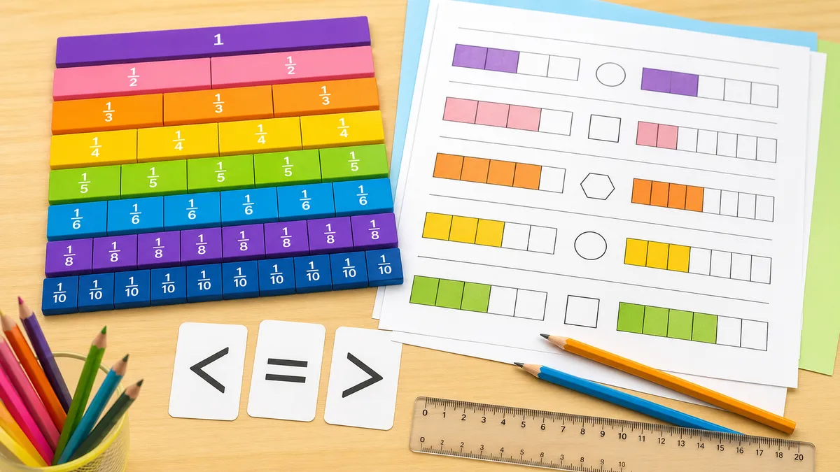 Neutral fraction strips, comparison symbols, ruler, pencils, and shaded worksheet pages on a desk