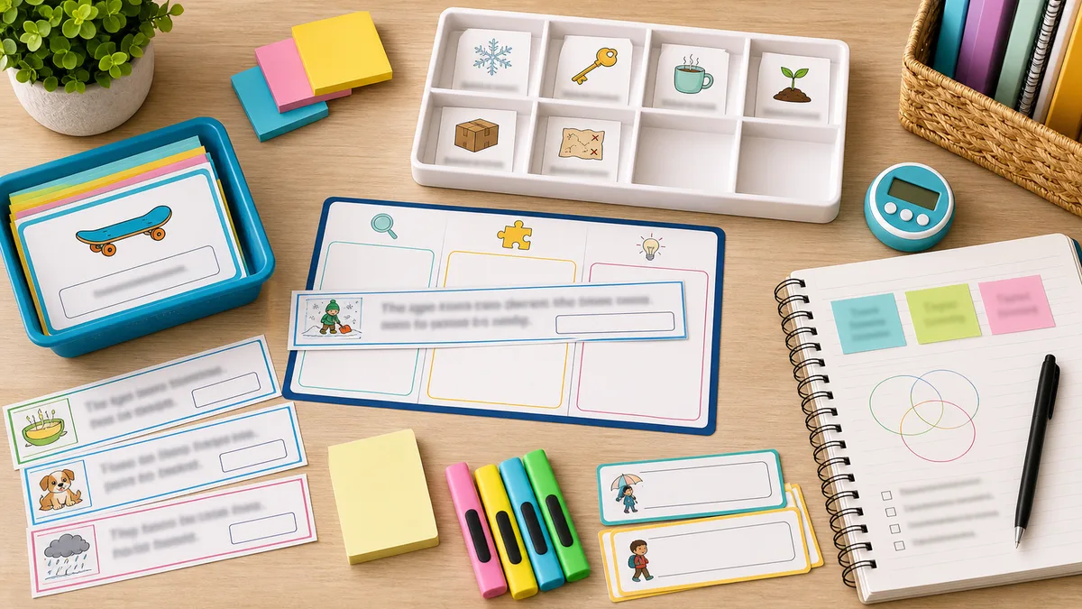 Neutral learning table with clue cards, sentence strips, sticky notes, highlighters, timer, and vocabulary sorting tray