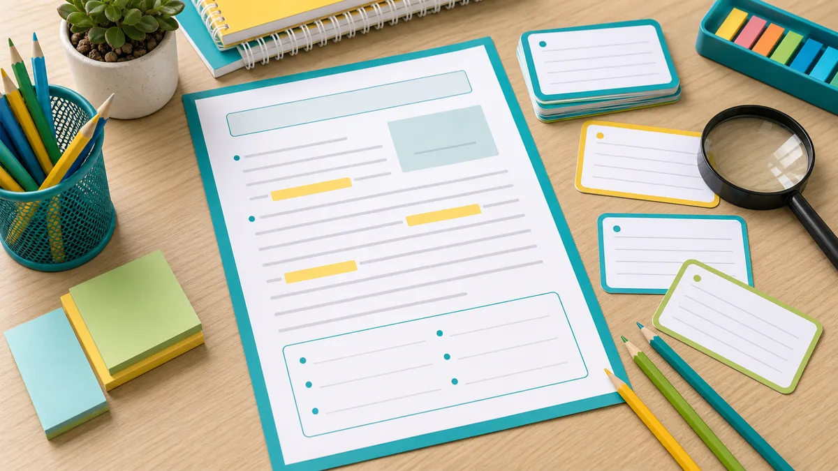 Neutral classroom tabletop with blank reading passage, clue cards, colored pencils, sticky tabs, and magnifying glass