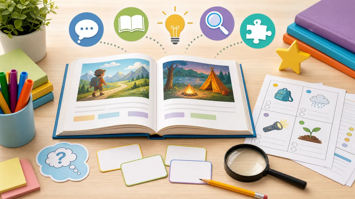 Neutral illustration of word cards, an open book, and a magnifying glass for context clues practice