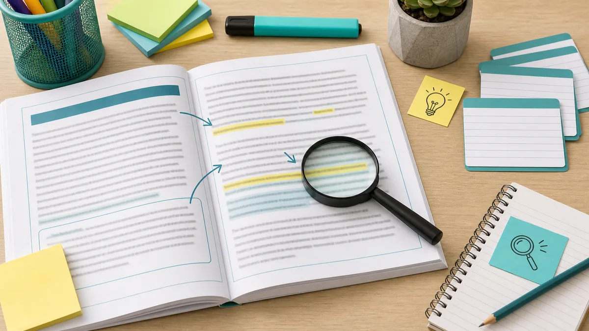 Neutral desk with reading passage, magnifying glass, sticky notes, highlighter, pencil, and vocabulary cards