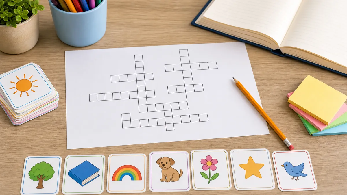 Neutral crossword grid with vocabulary cards, pencils, and an open notebook