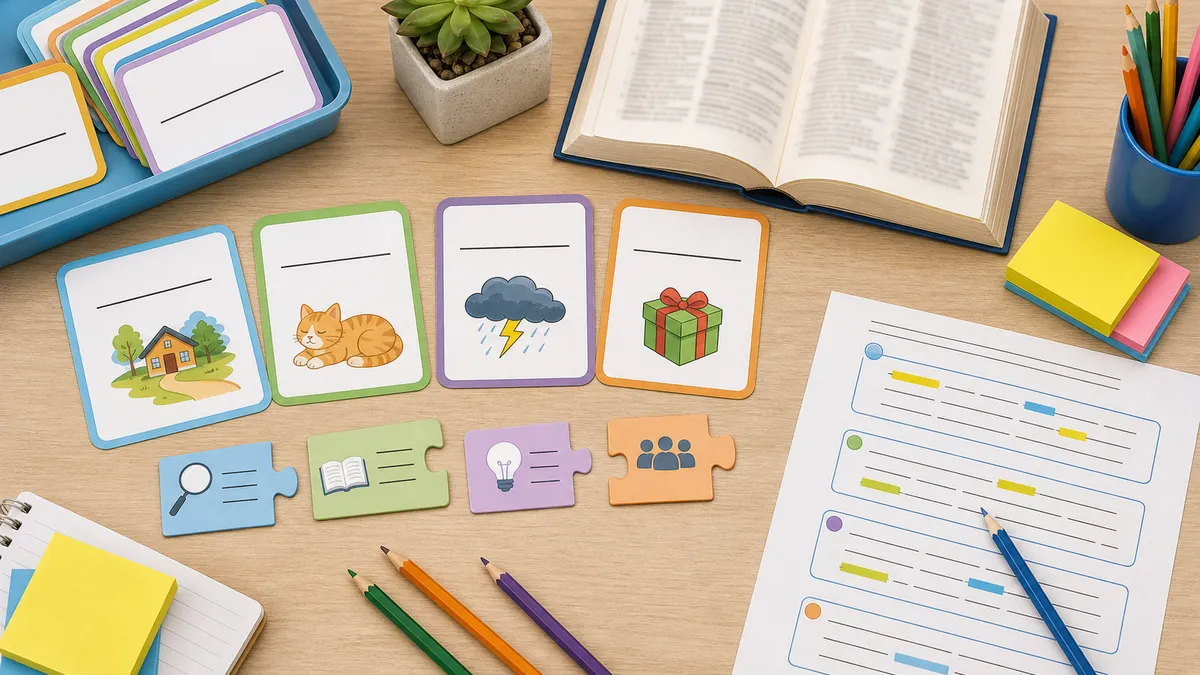 Teacher desk with crossword grid, vocabulary cards, pencil, and student notebook