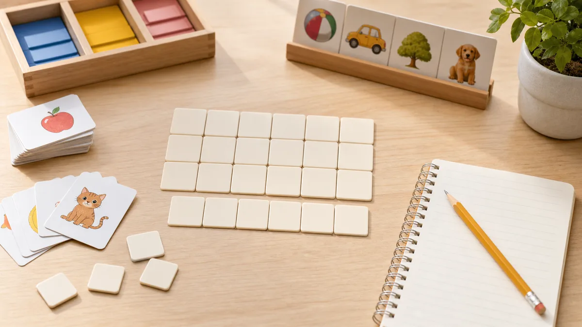 Neutral tabletop with blank letter tiles, blank puzzle grid, pencil, notebook, and child-friendly spelling practice materials