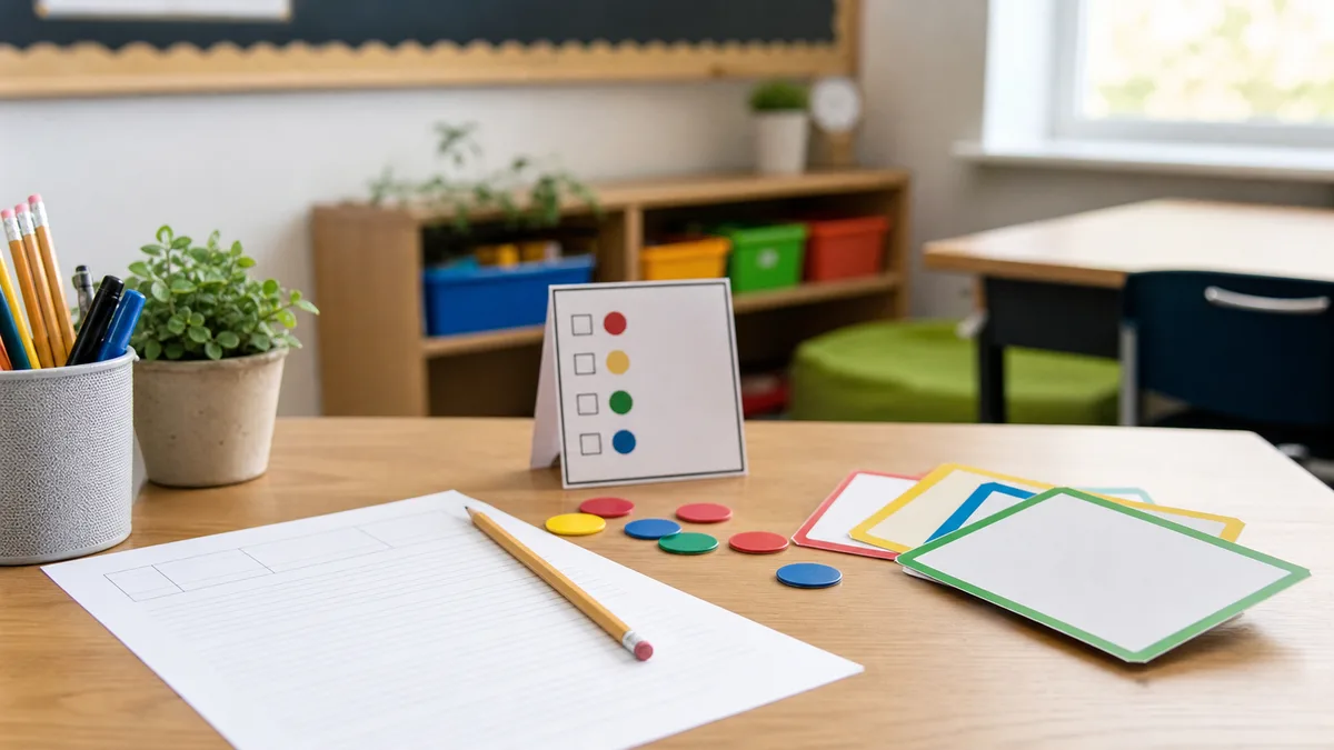 Neutral classroom desk with blank worksheet, counters, pencil, and simple attention cue cards without readable text