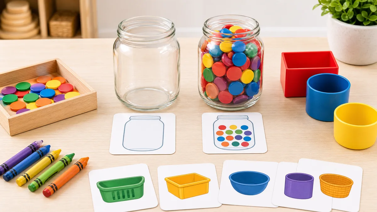 Neutral table with one empty jar, one filled jar, counters, blank cards, and crayons for full and empty activities
