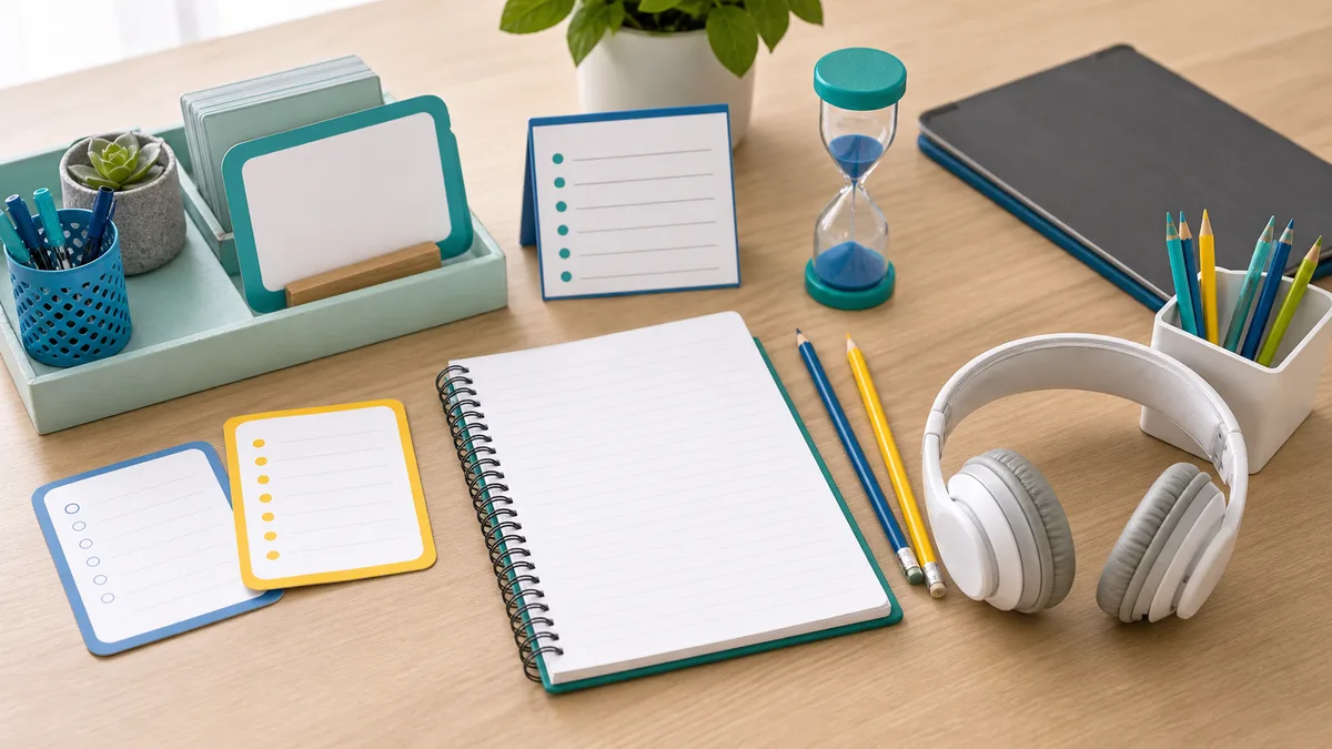 Neutral focus station with blank task card, sand timer, headphones, closed tablet, checklist cards, and notebook