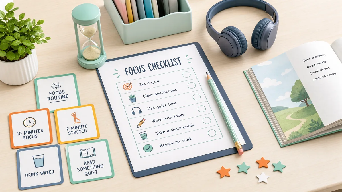 Custom illustrated focus worksheet desk with task cards, calm timer, headphones, pencil, reward stars, and quiet reading book
