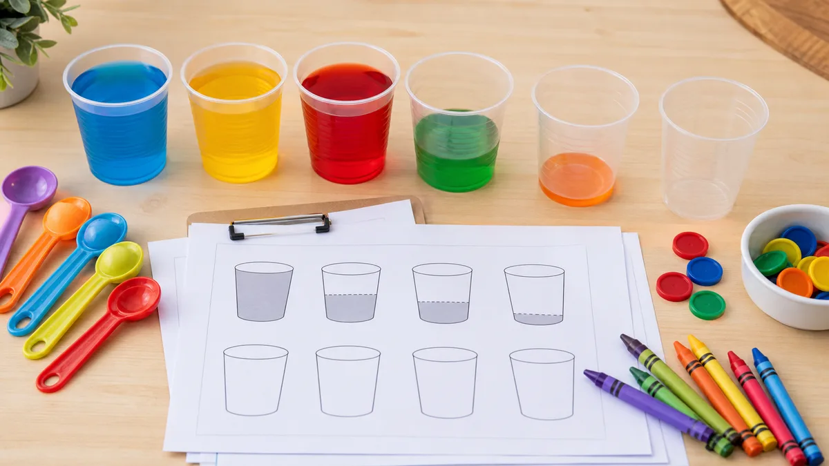 Neutral tabletop with clear cups, spoons, blank worksheets, crayons, and early full and empty comparison materials