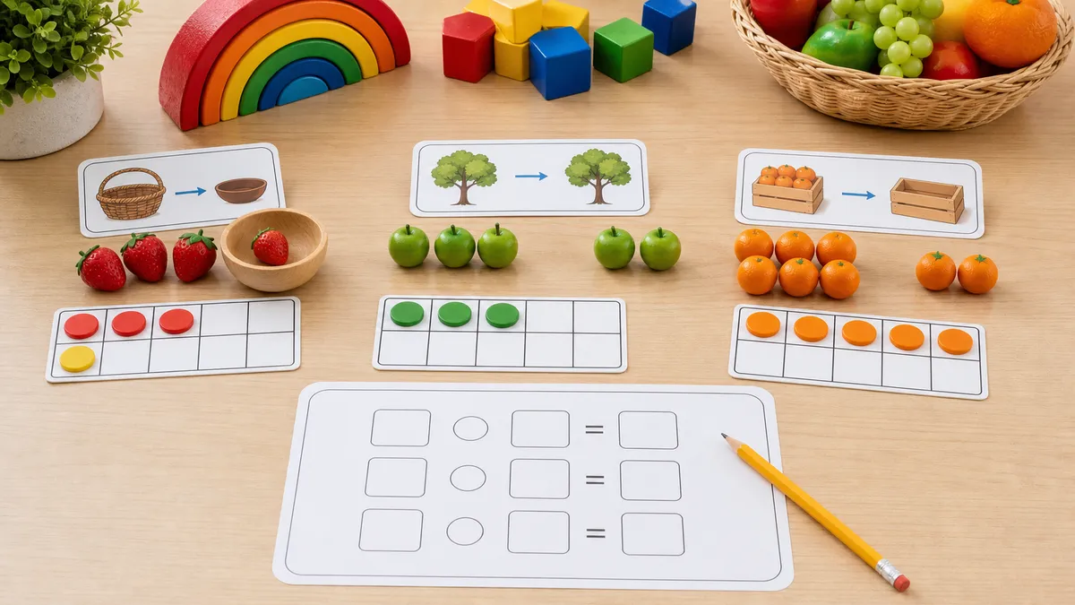 Nursery full and empty practice with cups, bowls, counters, crayons, and simple capacity worksheet cards