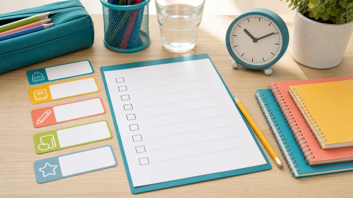 Neutral study table with blank homework checklist, clock, notebooks, pencil, water cup, and routine cards