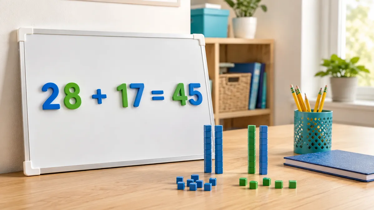 Horizontal addition equation with base-ten blocks in a bright United States classroom