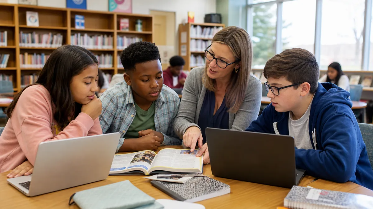 U.S. middle-school students and a teacher compare information in books and on laptops in a school library.