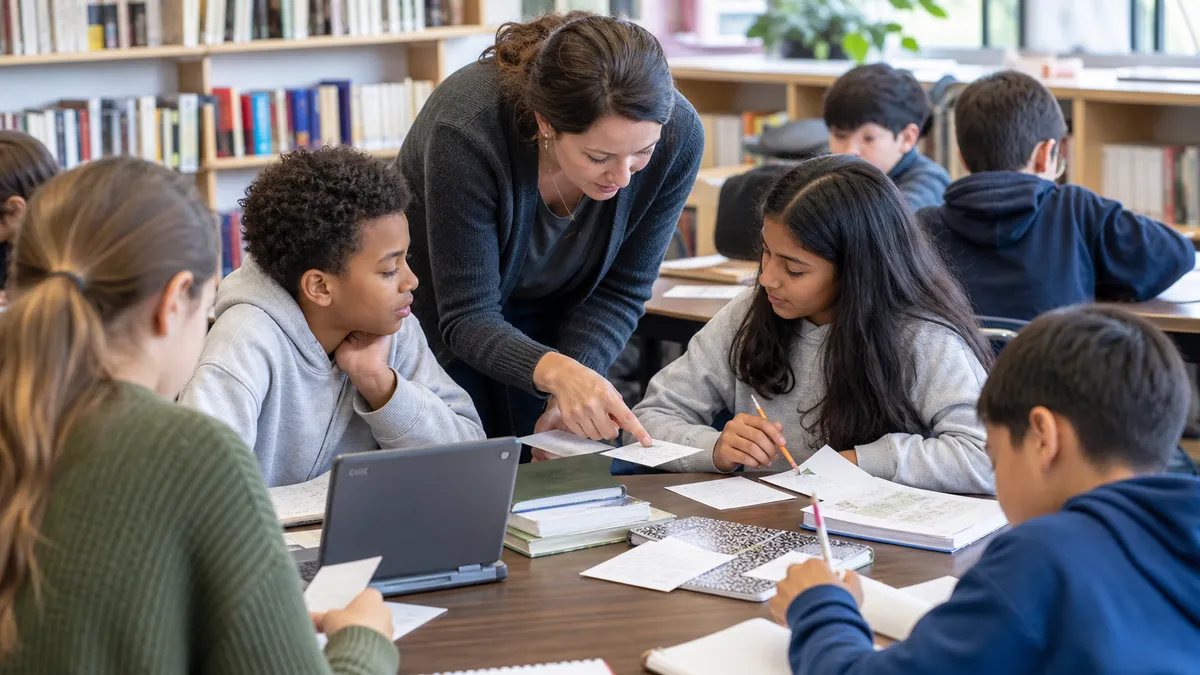 A U.S. Grade 5 teacher helps students connect research notes to books and online sources in a school library.