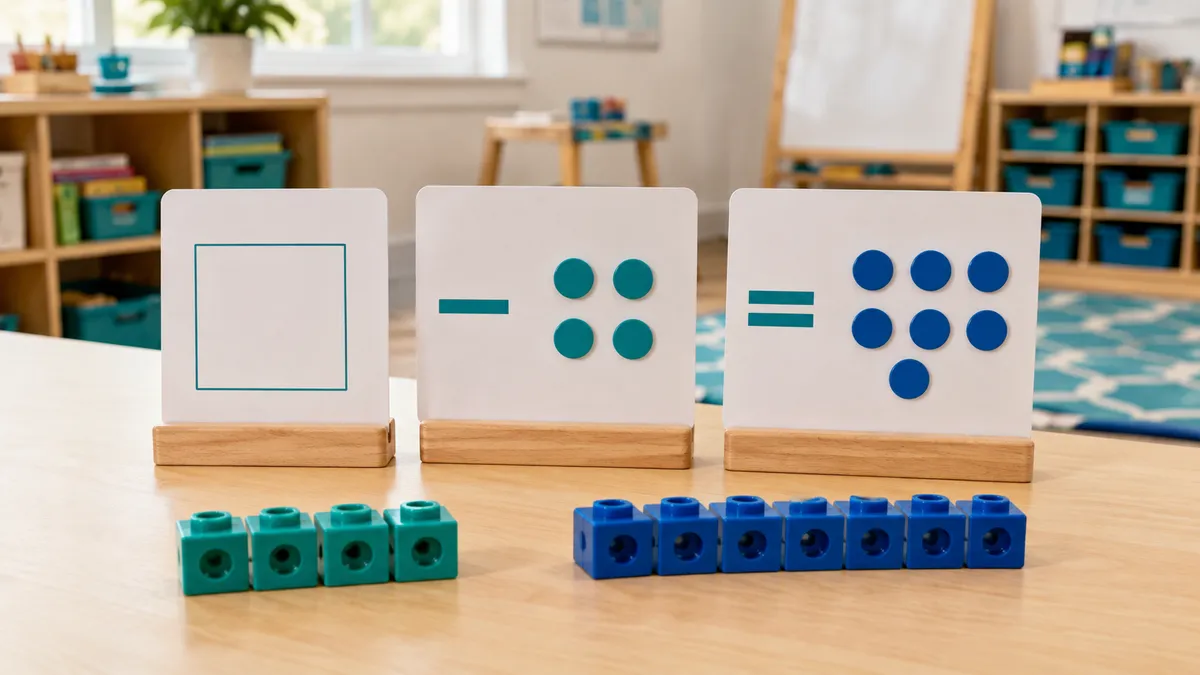 Missing minuend subtraction model with four teal counters and seven blue counters in a United States classroom