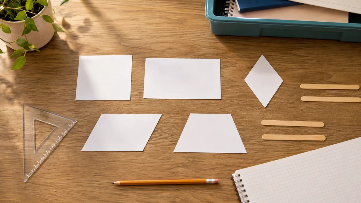 Paper quadrilaterals arranged for a Grade 4 property classification activity