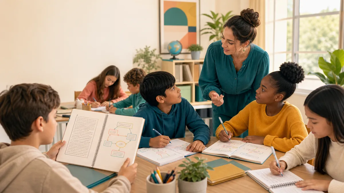 Upper-primary students organising keywords, diagrams, and visual notes with teacher guidance