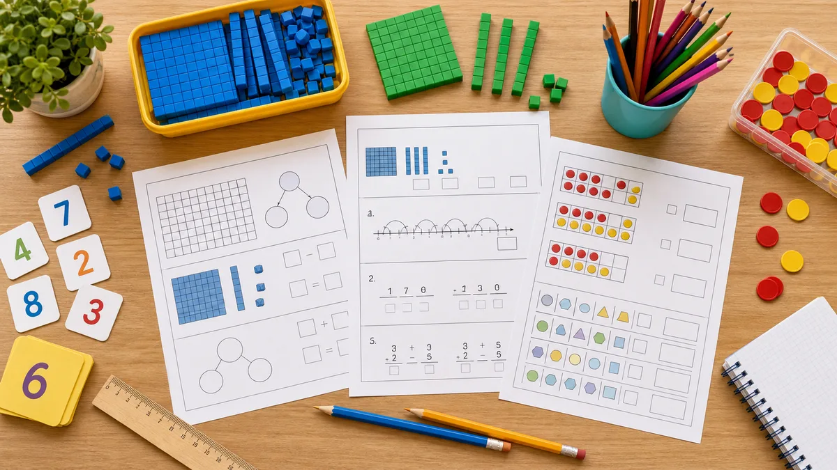 Custom illustrated second grade math worksheet table with base-ten blocks, number cards, ruler, pencils, counters, and place-value chart