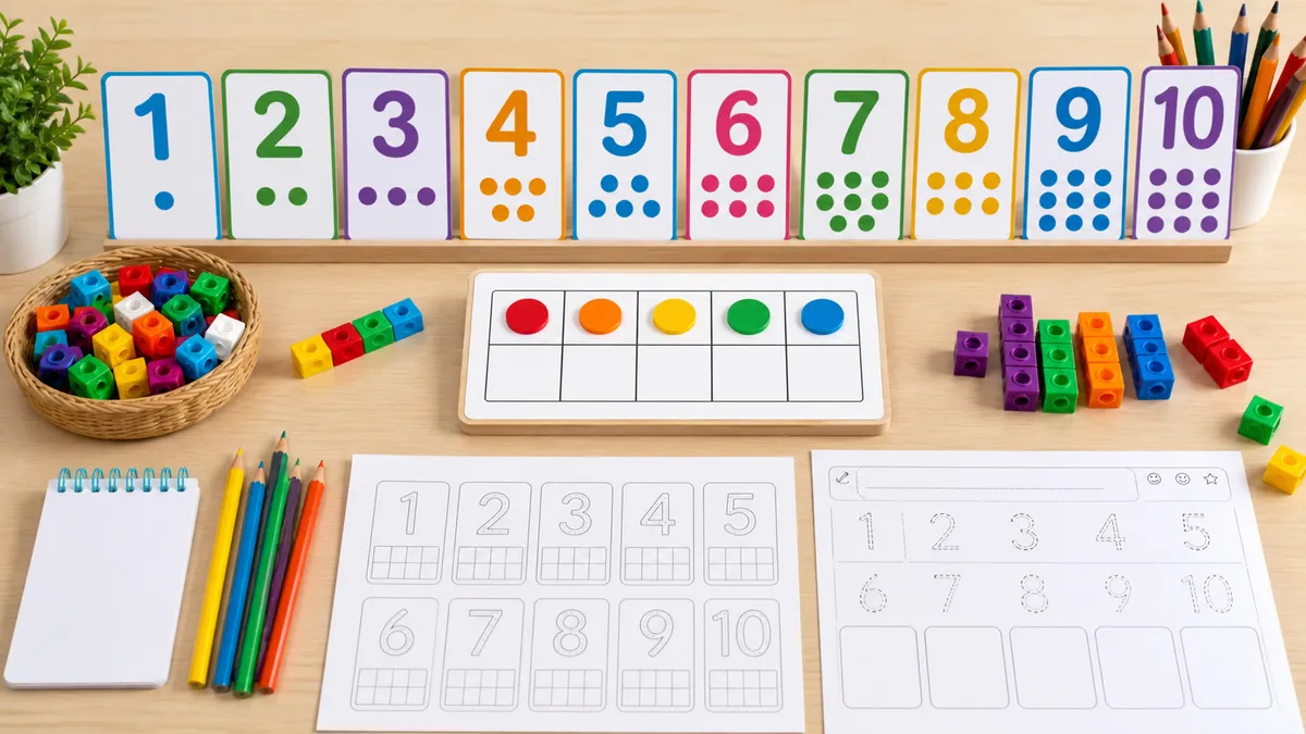 Neutral number cards, counting cubes, ten-frame, pencils, and blank worksheet pages on a desk