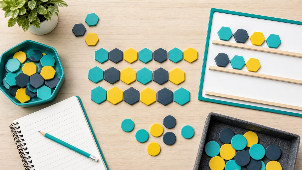 Neutral tabletop with hexagon letter tiles, blank word-building notebook, pencil, counters, and puzzle board for pangram practice