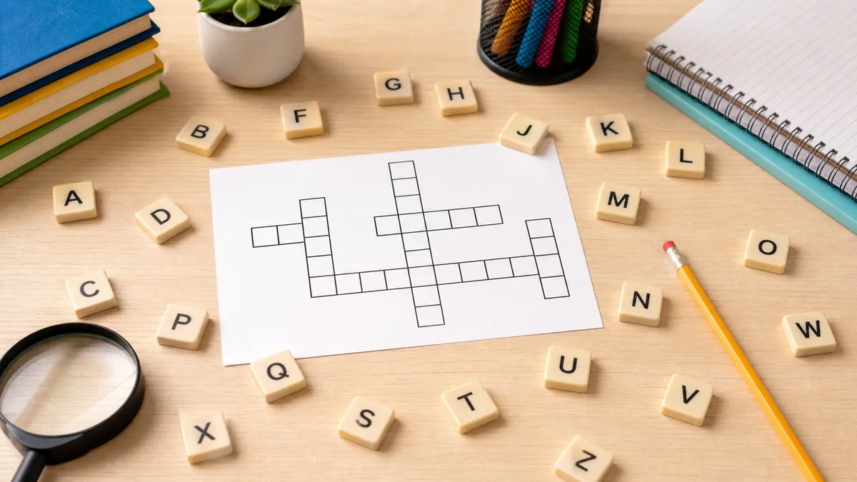 Neutral alphabet tiles around a blank word puzzle grid with notebook and pencil