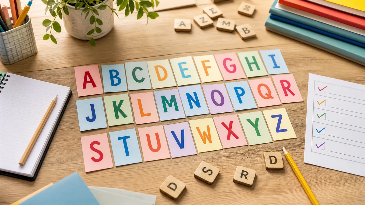 Neutral tabletop with alphabet cards, pencils, and pangram worksheet practice materials