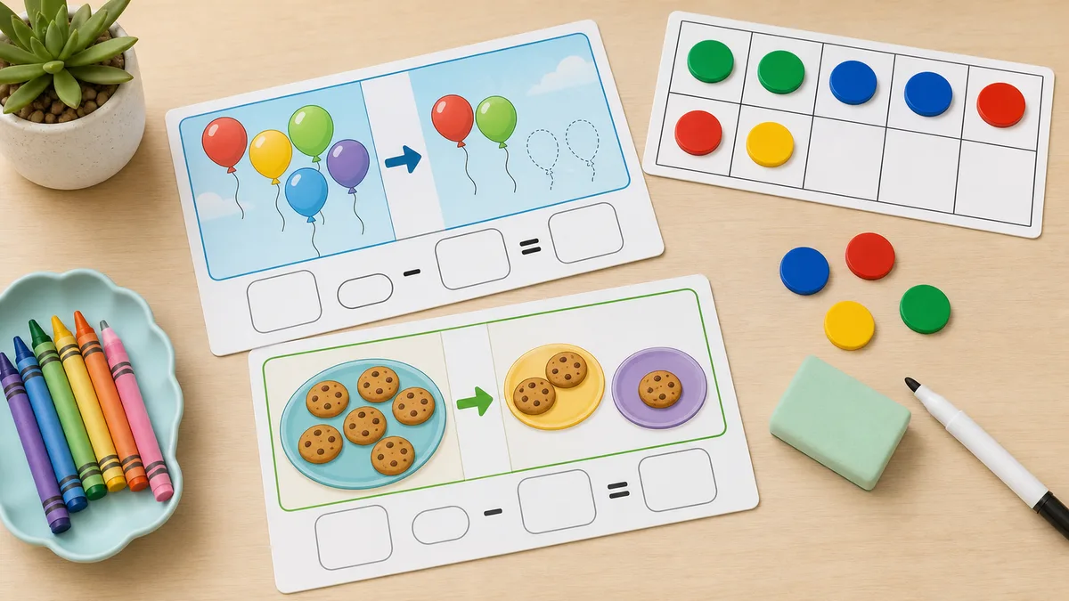 Neutral tabletop with picture subtraction cards, ten-frame mat, counters, crayons, and blank worksheet sheets