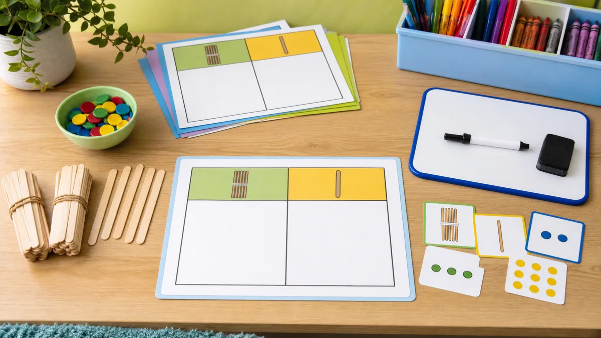 Custom illustrated grade 1 place value table with tens and ones mats, bundled sticks, loose counters, number cards, and crayons