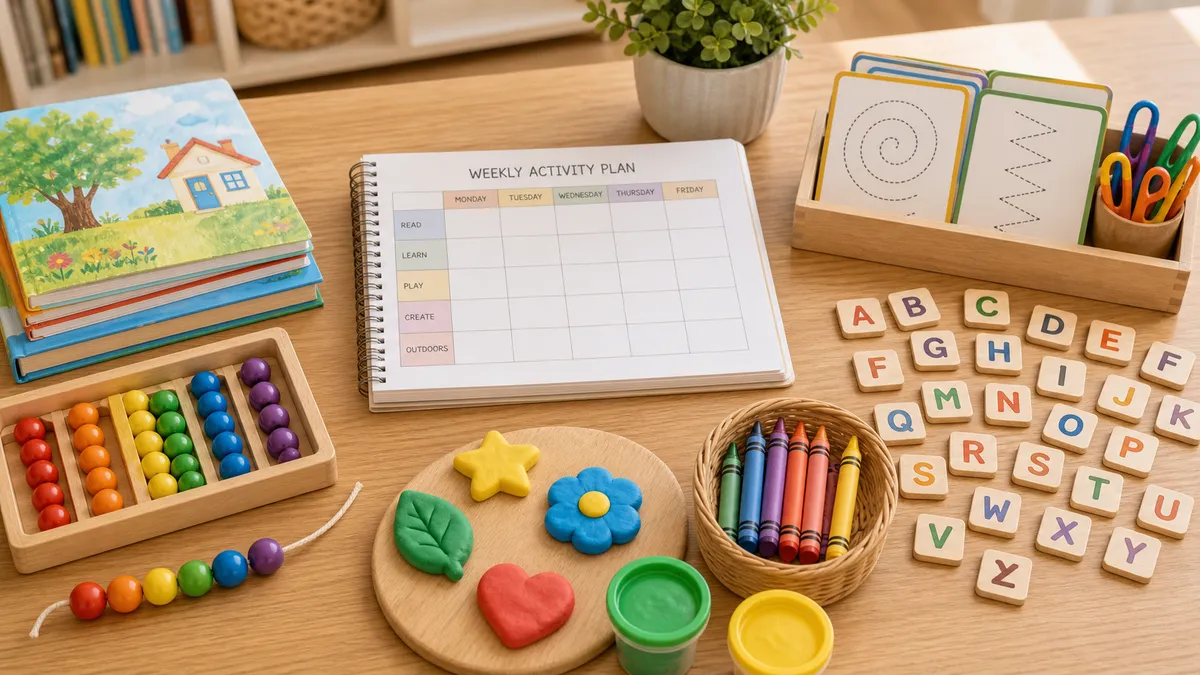 Neutral home learning activity planner with picture books, counting beads, alphabet tiles, crayons, and play shapes