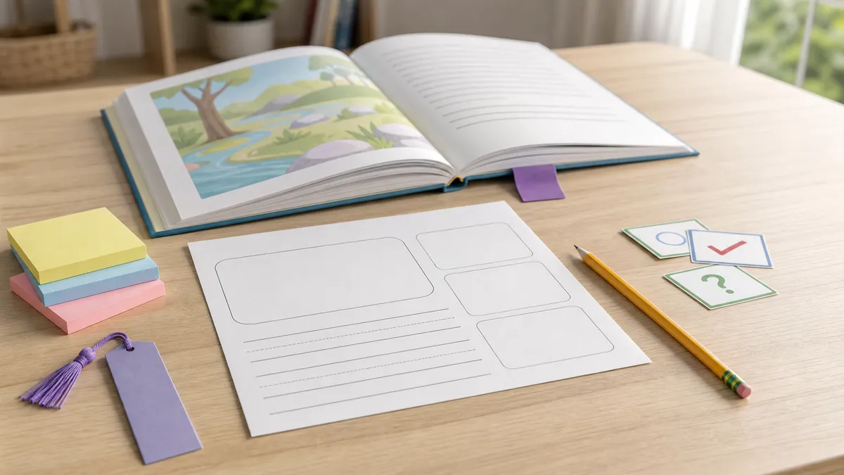 Reading comprehension practice table with open book, blank worksheet, sticky notes, pencil, and bookmark