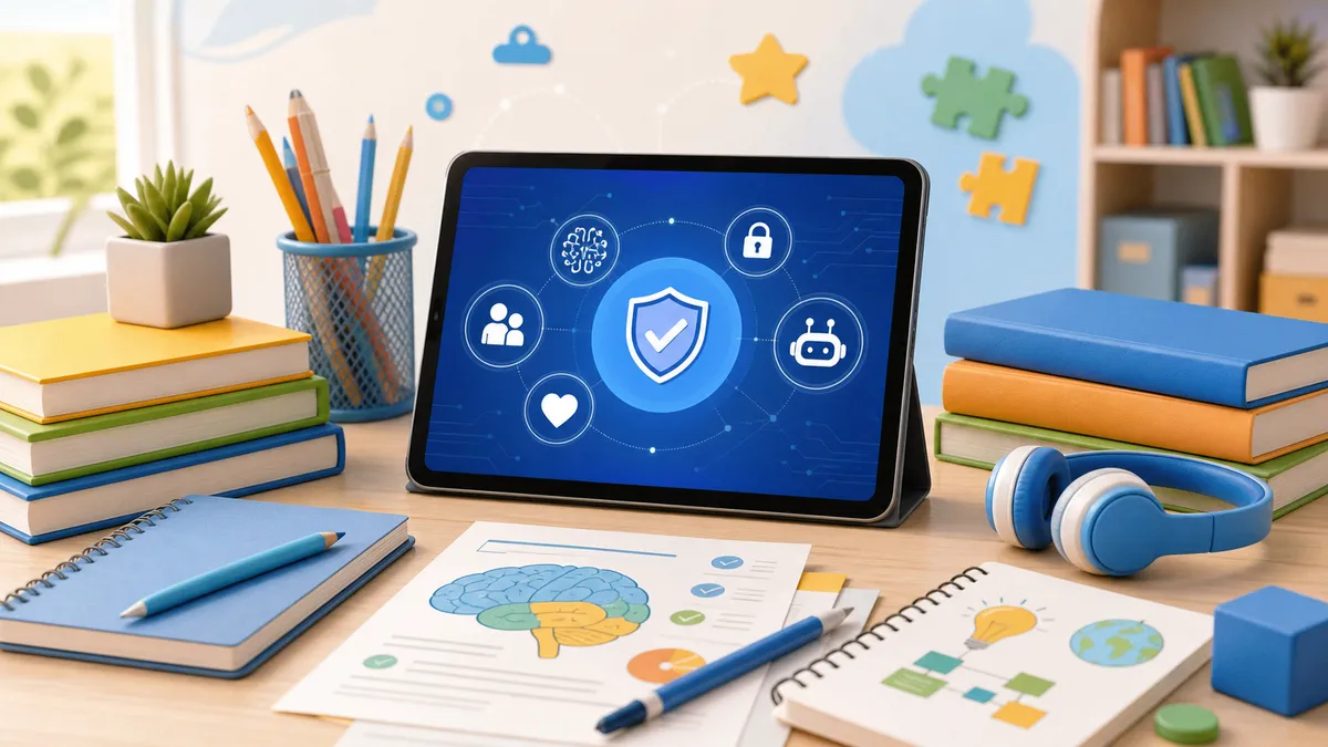Neutral illustration of AI safety icons, books, worksheets, and a tablet for children learning