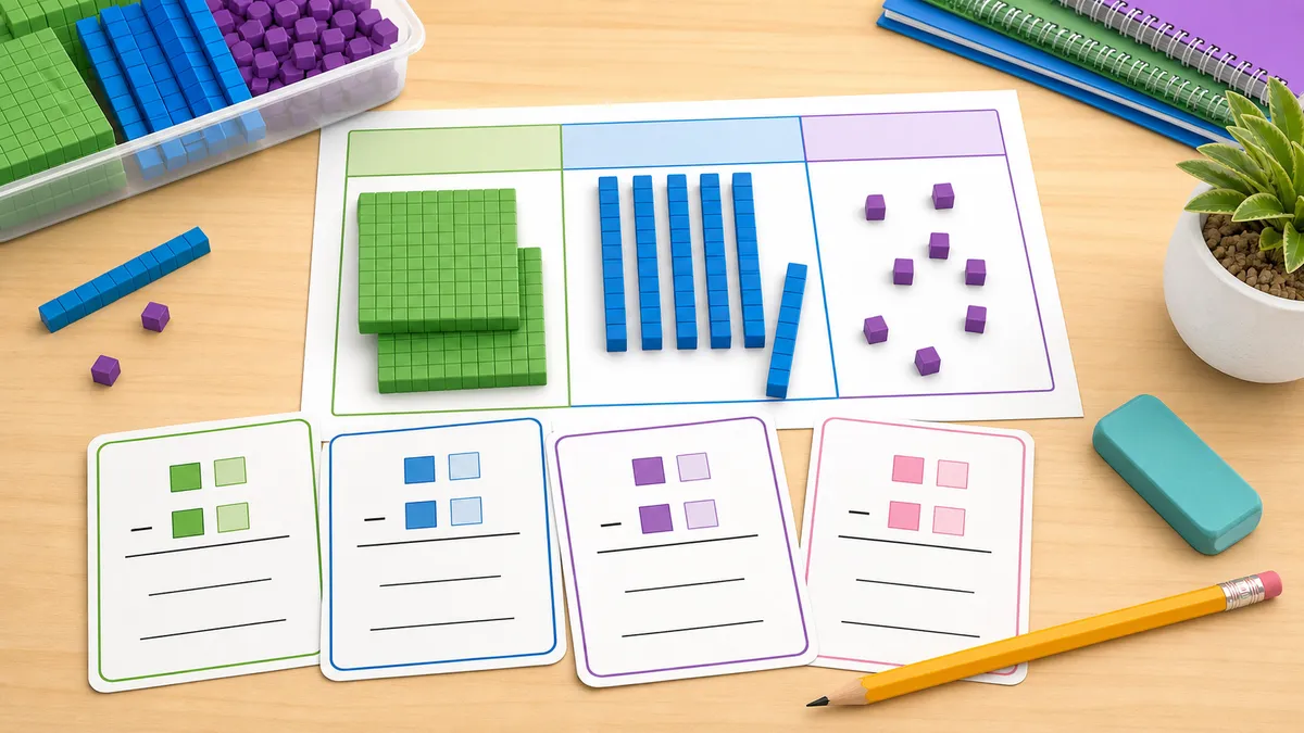 Kindergarten phonics worksheet station with letter cards, decodable word cards, pencil, and reading practice materials